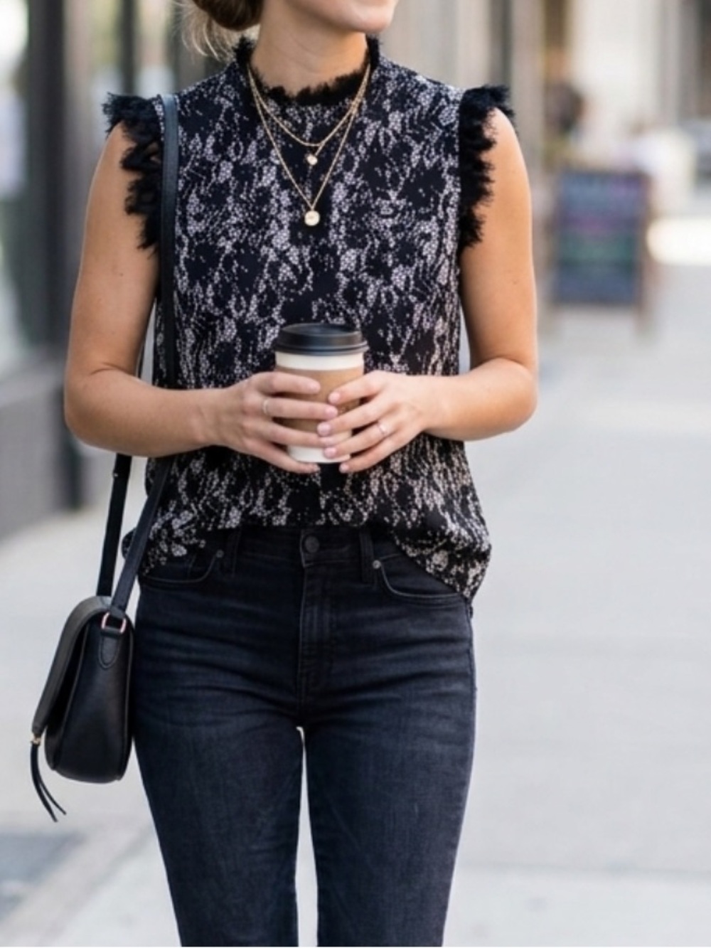 Who What Wear Black Lace-Trim Printed Sleeveless Tank